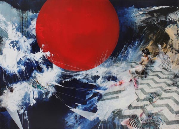A red sphere grows - Mixed media on canvas by Ian Francis