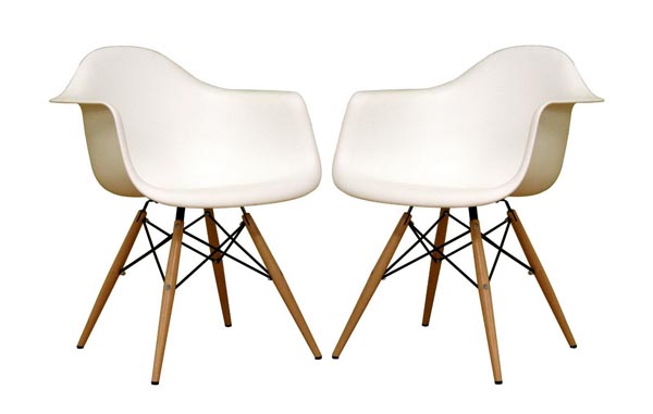 Set of two Baxton Studio Fiorenza White Plastic Armchairs with Wood Eiffel Legs