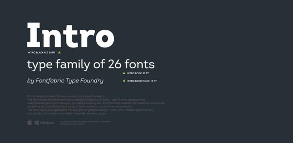 The modern Intro font family from type foundry FontFabric includes a variety of unique font styles and weights.