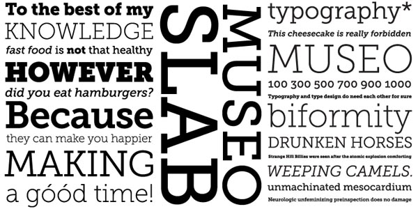 Some type samples in different weights of the Museo Slab font family by type designer Jos Buivenga.