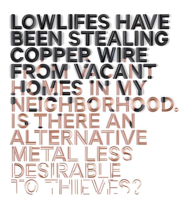 Typographic headline for Wired Magazine made of photographed wire and copper by Sawdust