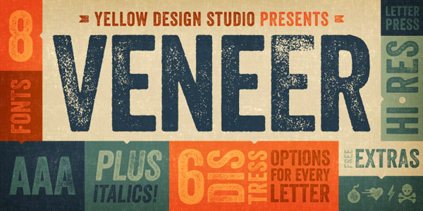 Veneer font, a vintage hand-crafted letterpress font from Yellow Design Studio