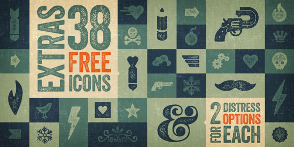 The Veneer font family comes with several extras and 38 free icons as well as 2 distressed options.