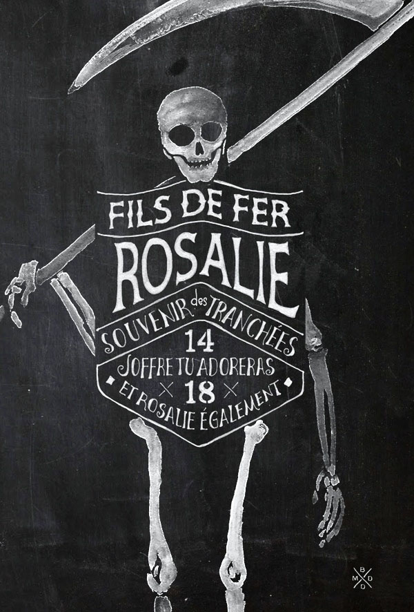 Typo and Watercolor Skeleton Illustration for FILS DE FER - Souvenir 14 18