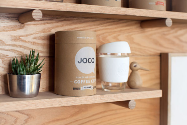 Joco glass coffee cup and packaging