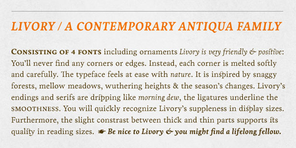 Livory - Contemporary Antiqua Type Family by HVD Fonts