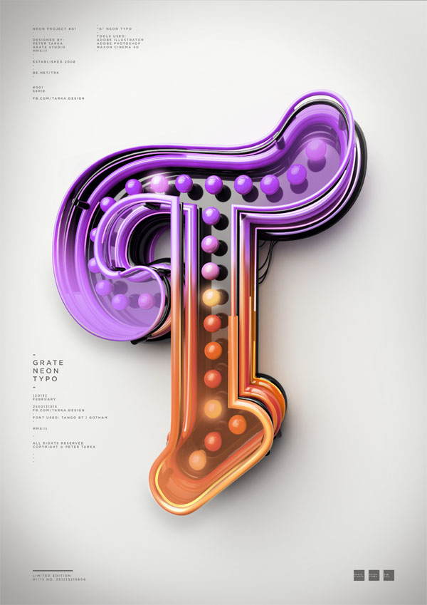 Typograhic Artwork with 3D Neon Sign Letter by Peter Tarka