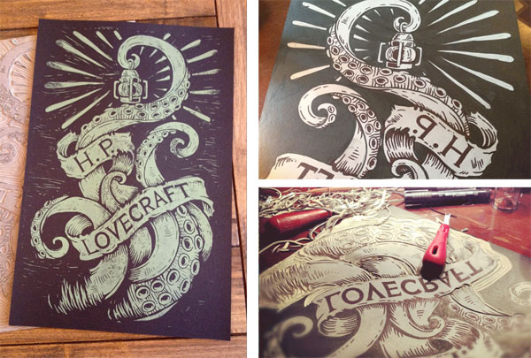 hand carved and hand printed block print by Derrick Castle based on the Lovecraft creature Cthulhu