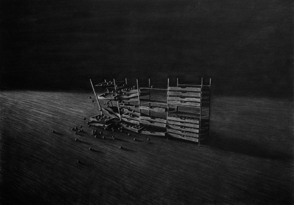 Collapsing cabinet, Charcoal on paper I - Drawing by Levi van Veluw