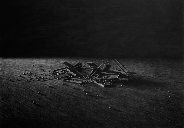 Collapsing cabinet, Charcoal on paper II - Drawing by Levi van Veluw