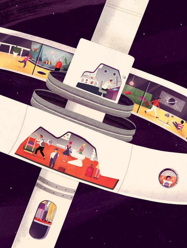 Editorial Illustrations by Jack Hudson to accompany an article on space tourism for a French magazine titled 2043