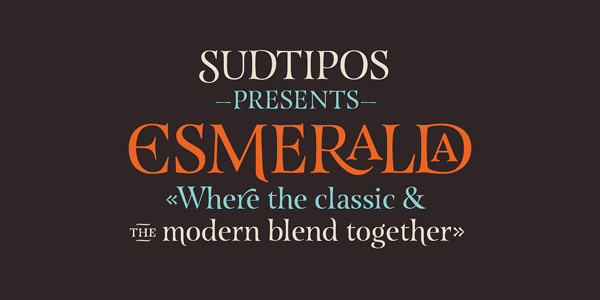The Esmeralda Pro font family is a serif typeface published by foundry Sudtipos.