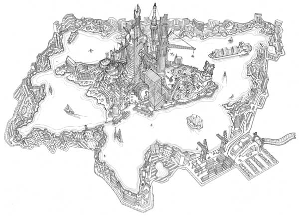 BRIC Island - The Disney Land of Tomorrow - Drawing by Toby Melville-Brown