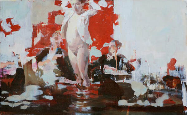 Dinner with Exhibitionist - oil on canvas by Alex Kanevsky