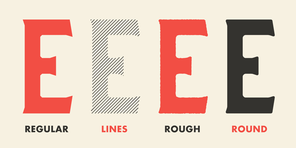 The family includes four different styles consisting of Regular, Lines, Rough, and Round.
