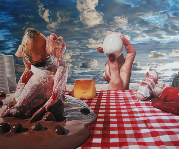 Surrealist camping lunch no 4 - Oil Painting by Till Rabus