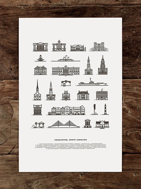 Charleston Landmarks Letterpress Poster Illustration by J Fletcher Design