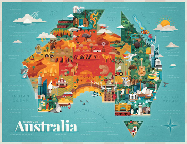 Discover Australia Map Illustration by Jimmy Gleeson