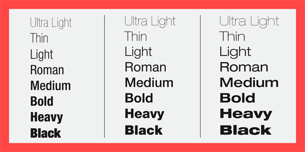 All included widths and weights of the type family.