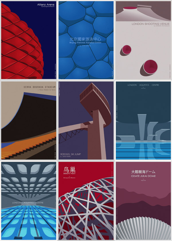 Architectural Poster Illustrations of Sports Buildings by André Chiote