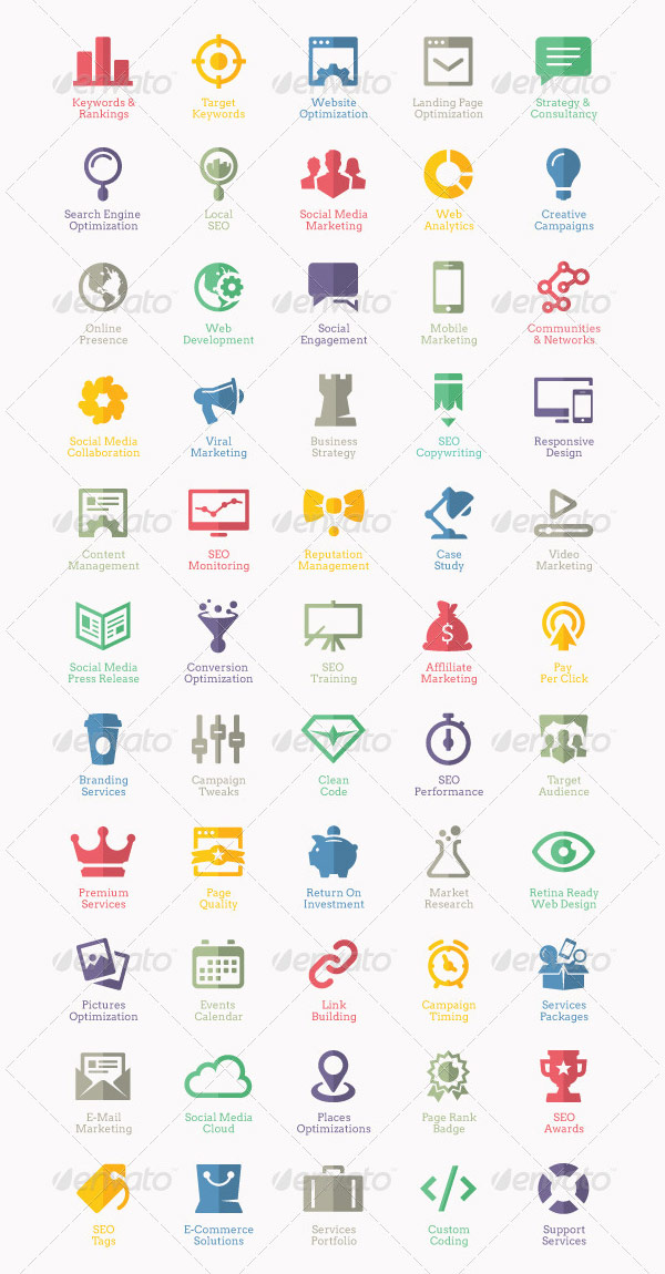 55 Flat SEO Service and Web Design Icons