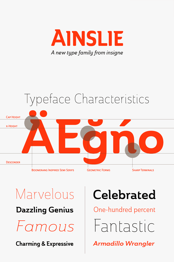 Ainslie semi-serif font family from insigne