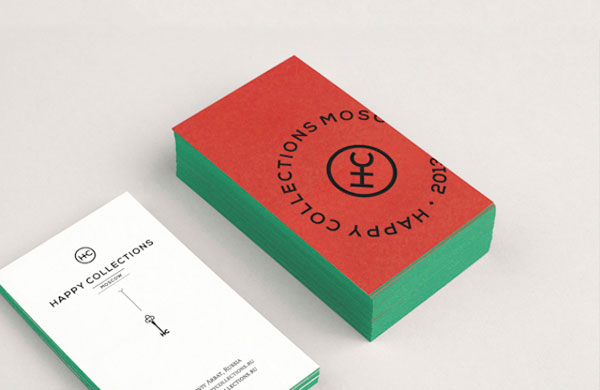 Happy Collections - two-sided business cards in white and red plus green edges.