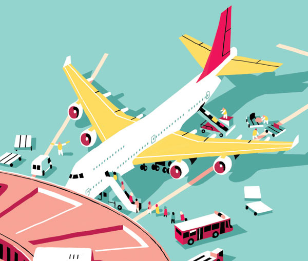 Detail view of the illustration by Vincent Mahé for the 40 years of Charles de Gaulle Airport anniversary