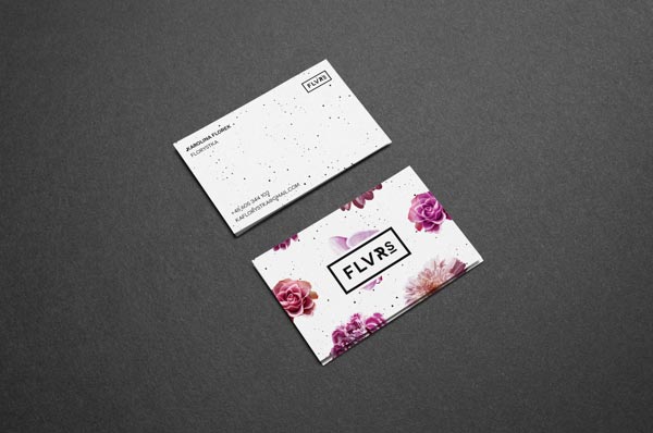 FLVR'S 2014 business cards with floral pattern and logotype on the front side.