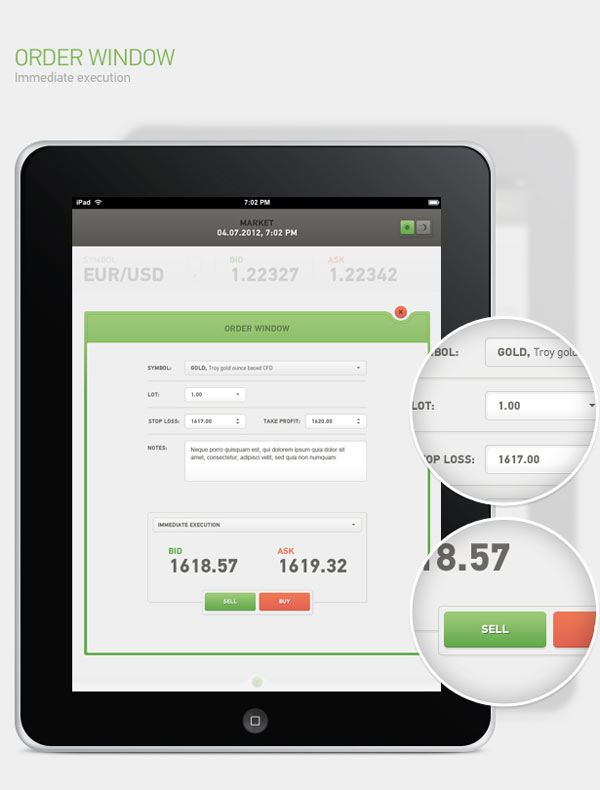 Order window (immediate execution) of a Forex trading app user interface design for iPad