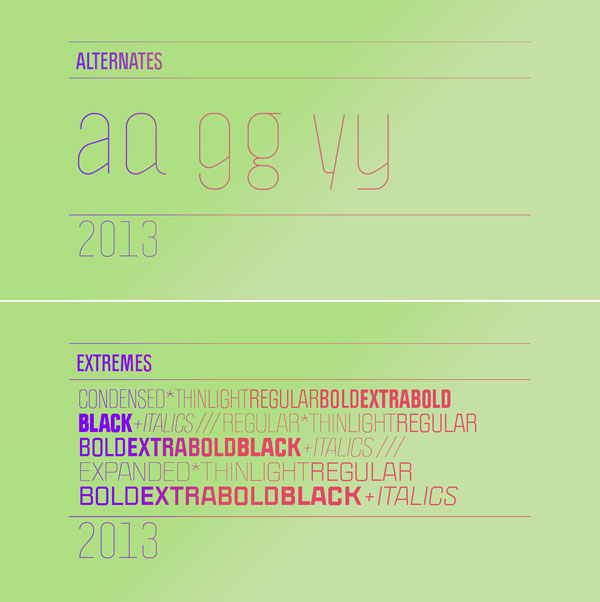 The Politica font family with alternates and extreme weights.