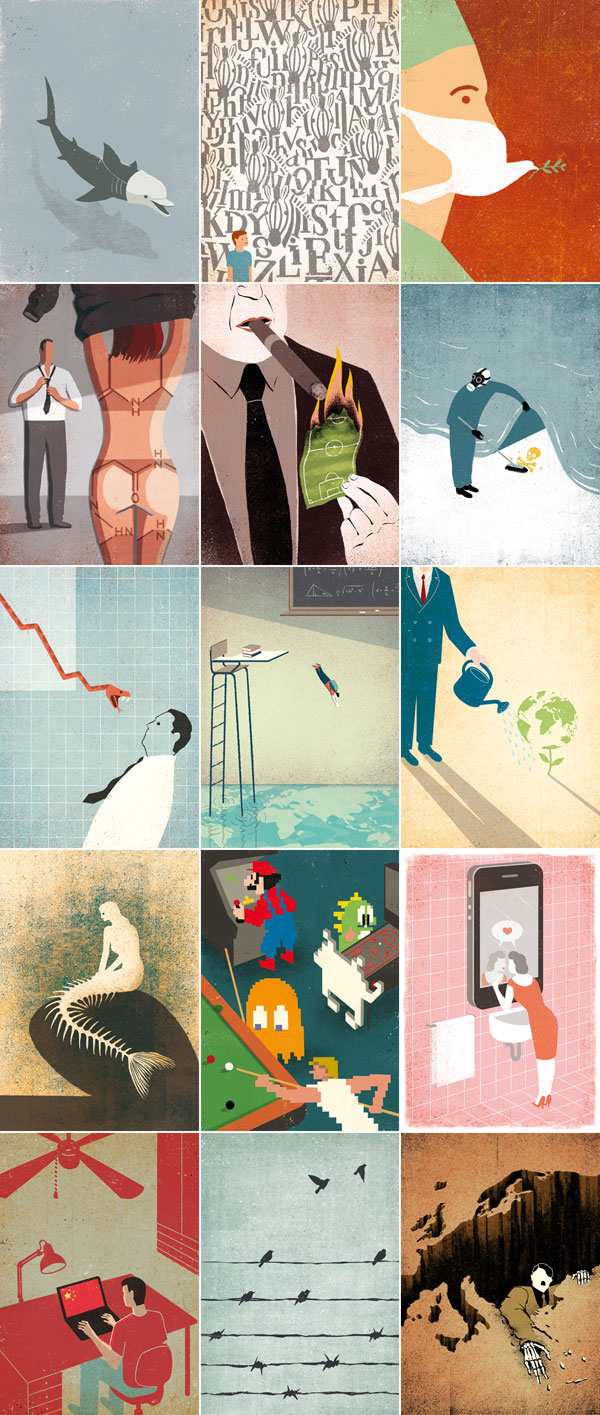 A selection of editorial and conceptual illustrations by Davide Bonazzi, an illustrator from Bologna, Italy.