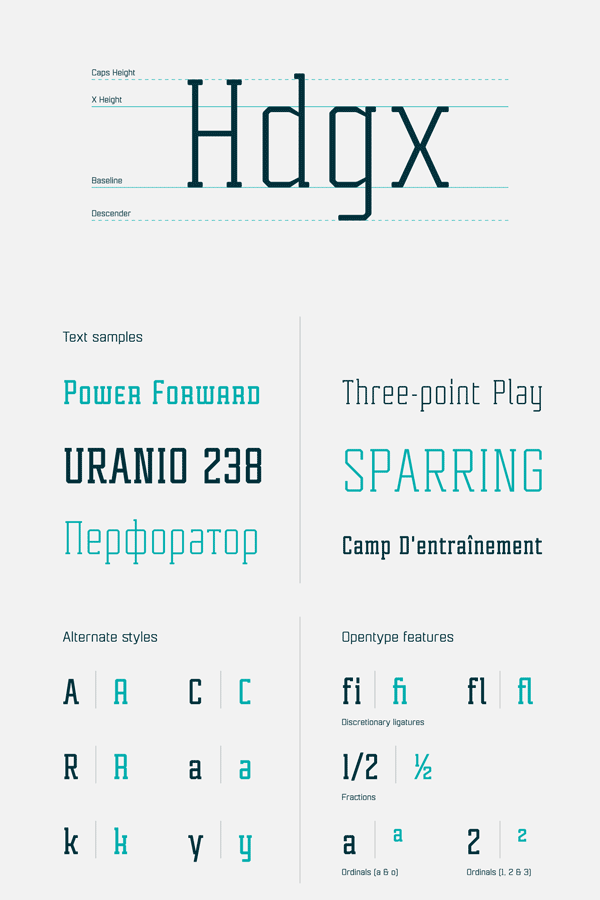 Tecnica Slab font family - text samples, alternative styles, and several OpenType features