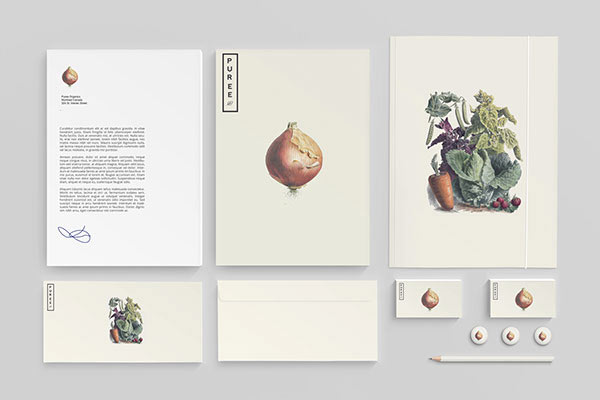 Stationery set with vegetable illustrations.