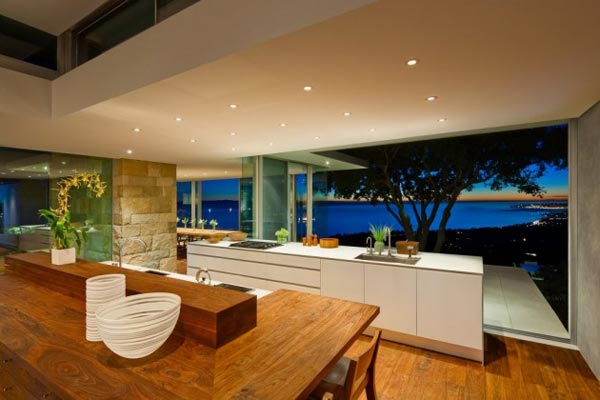 The open kitchen offers clean design and a nice outlook of California's beautiful landscape.