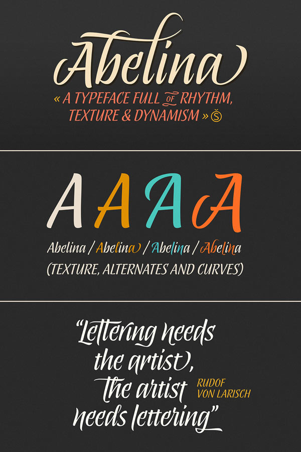 Abelina display script typeface from Sudtipos.