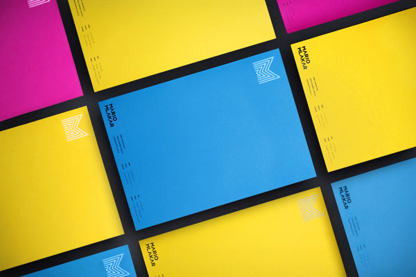 The colored stationery design of Mario Mlakar's personal corporate identity.