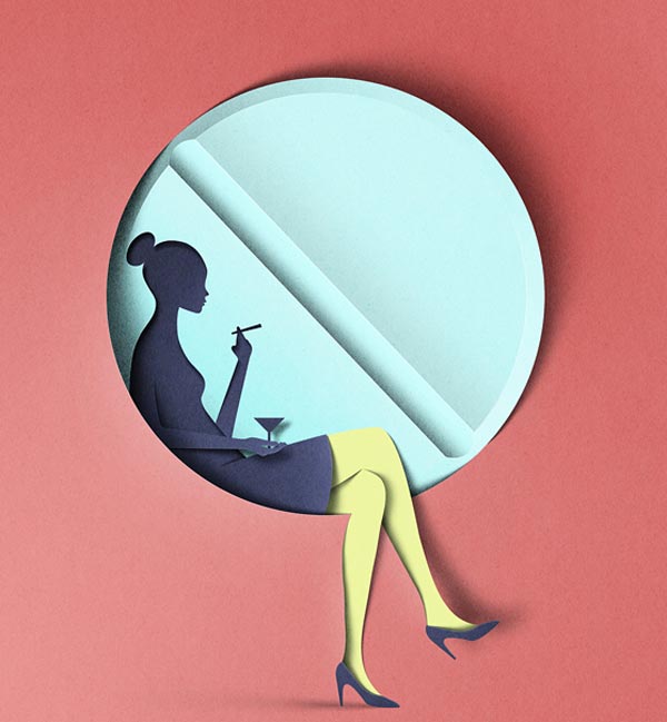Paper crafted editorial illustration for New York Observer - Uptown Pill-Poppers Struggle to Hide Excesses From the Kids.