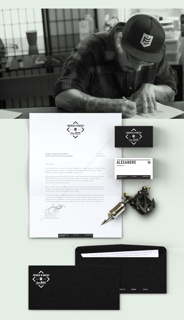 Frères d'Encre Tattoo Shop brand identity and stationery design by Carolane Godbout and Sebastien Dust Leblanc.