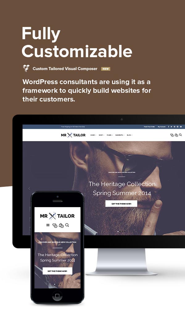 Mr. Tailor, a fully customizable WooCommerce WordPress shop theme with integrated Custom Tailored Visual Composer.