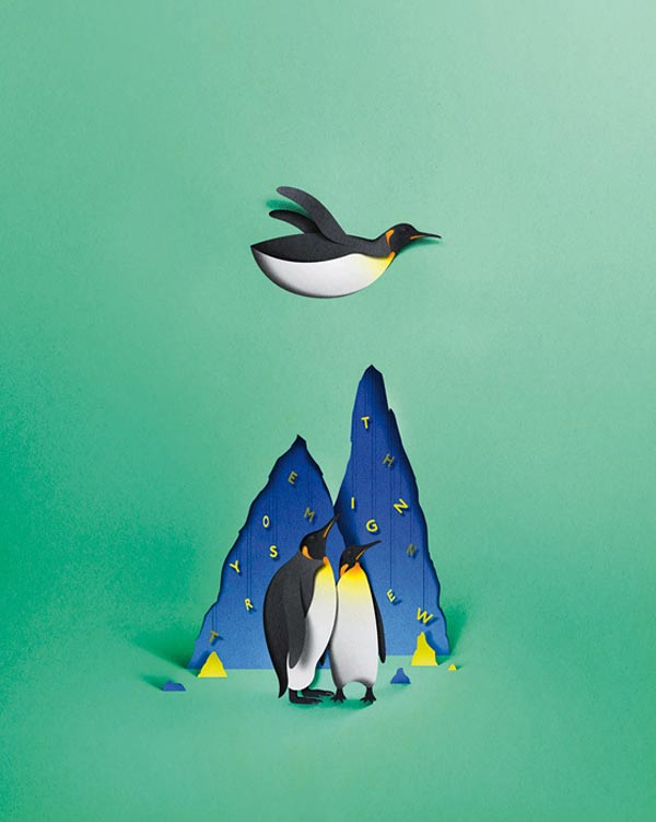 Paper cut artwork by Eiko Ojala with penguins for Dwell magazine.