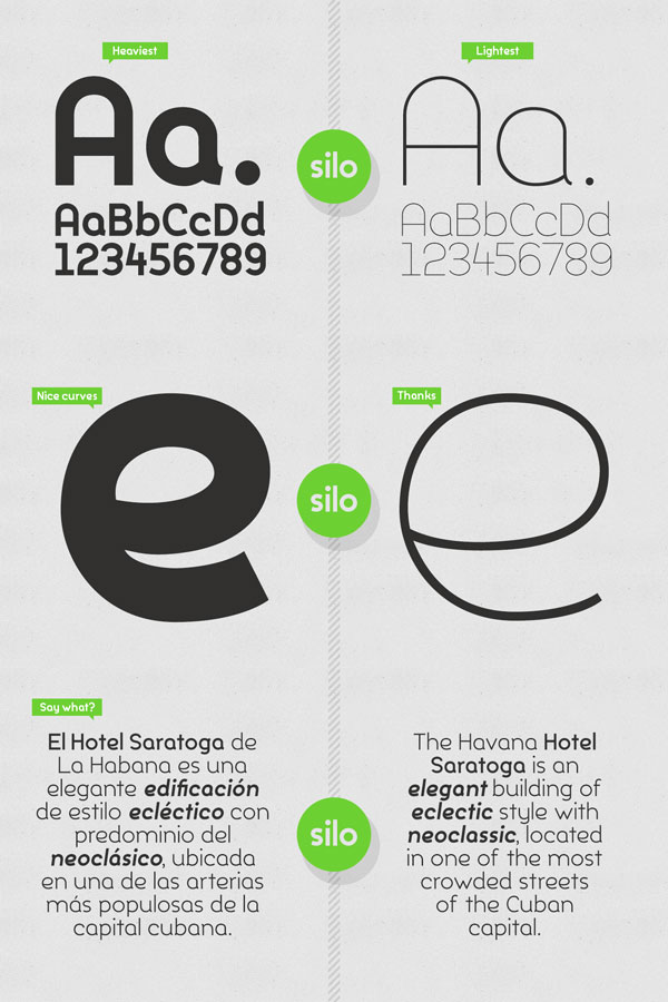 Silo's typeface offers nice curves and shapes in the heaviest and lightest weights.