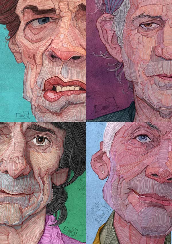 The Rolling Stones illustrations by Stavros Damos - The legendary British rock band consisting of frontman and singer Mick Jagger, Keith Richards (guitar), Ron Wood (guitar), and Charlie Watts (drums).