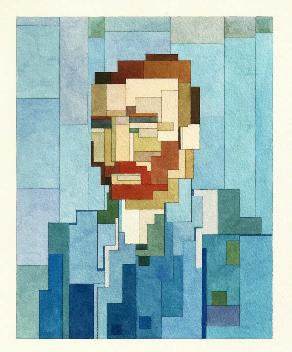 Vincent van Gogh's self portrait as geometric 8 Bit inspired watercolor painting by Adam Lister.