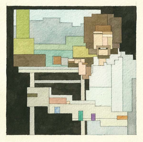 8 Bit inspired art - watercolor painting of Bob Ross created by Adam Lister.