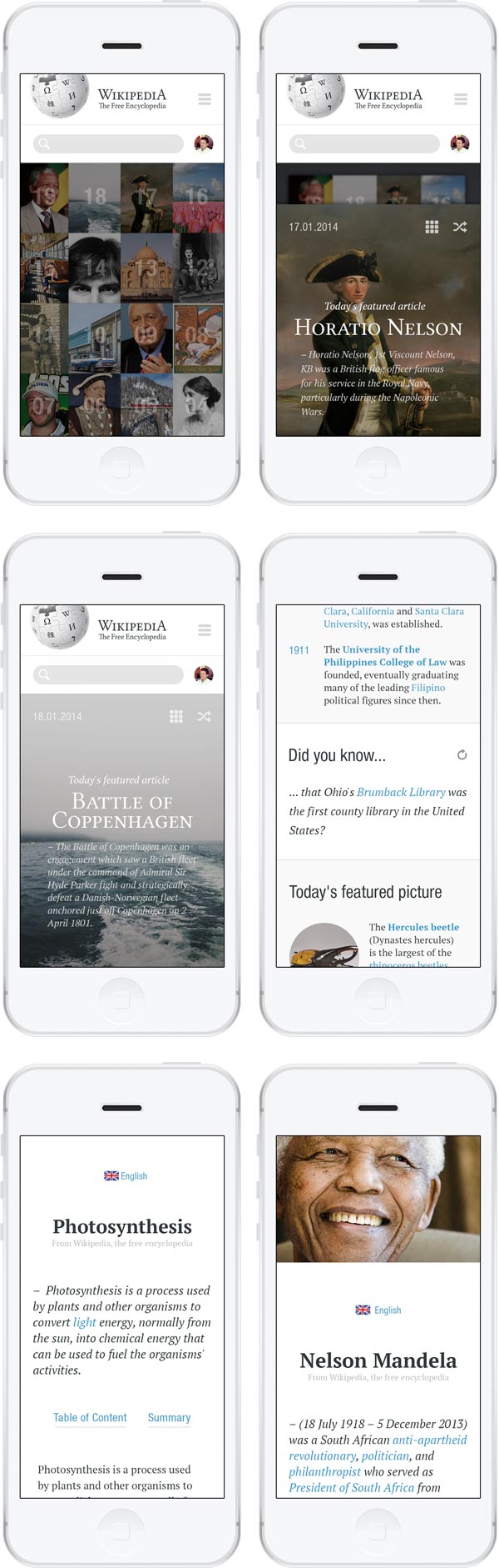 Mobile version of the Wikipedia redesign concept.