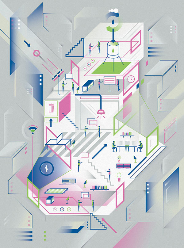 Graphic artwork for Modus magazine about the dynamic in modern buildings and the work place of the managers.