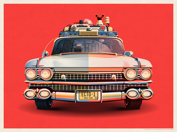 Ghostbusters 30th Anniversary Ecto-1 - Poster illustration by DKNG Studio - red background print version.