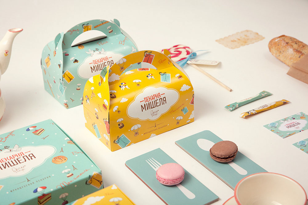 Close up of the bakery brand materials and packaging.