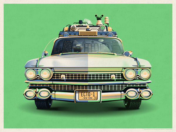 Ghostbusters 30th Anniversary Ecto-1 - Poster design by DKNG Studio - green background print version.